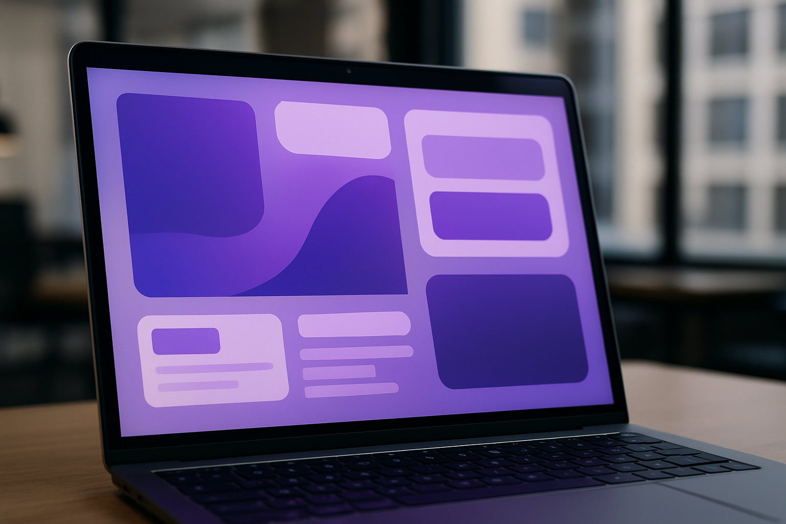 Pantalla de laptop mostrando un archivo de Figma con componentes de interfaz, iluminada con tonos violetas