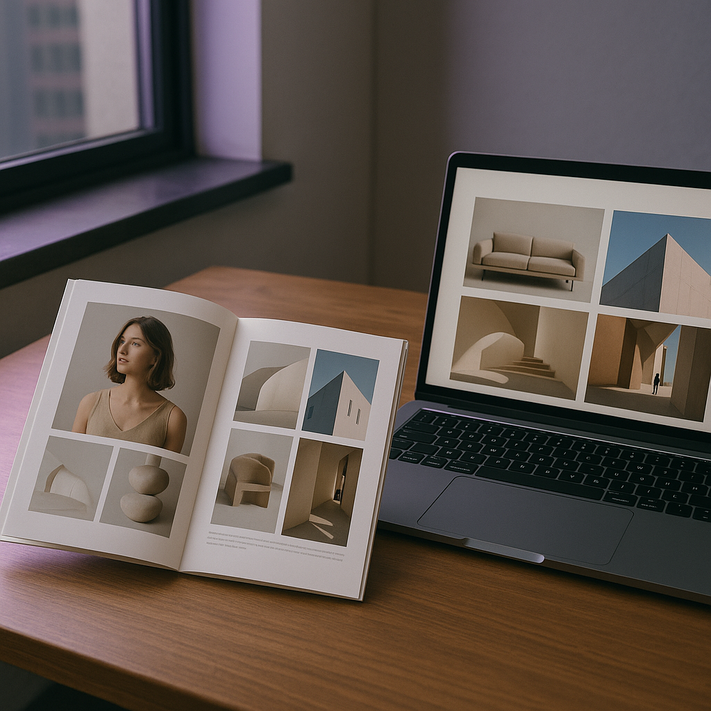 Composición de piezas de un portfolio final de diseño sobre un fondo con luces violetas